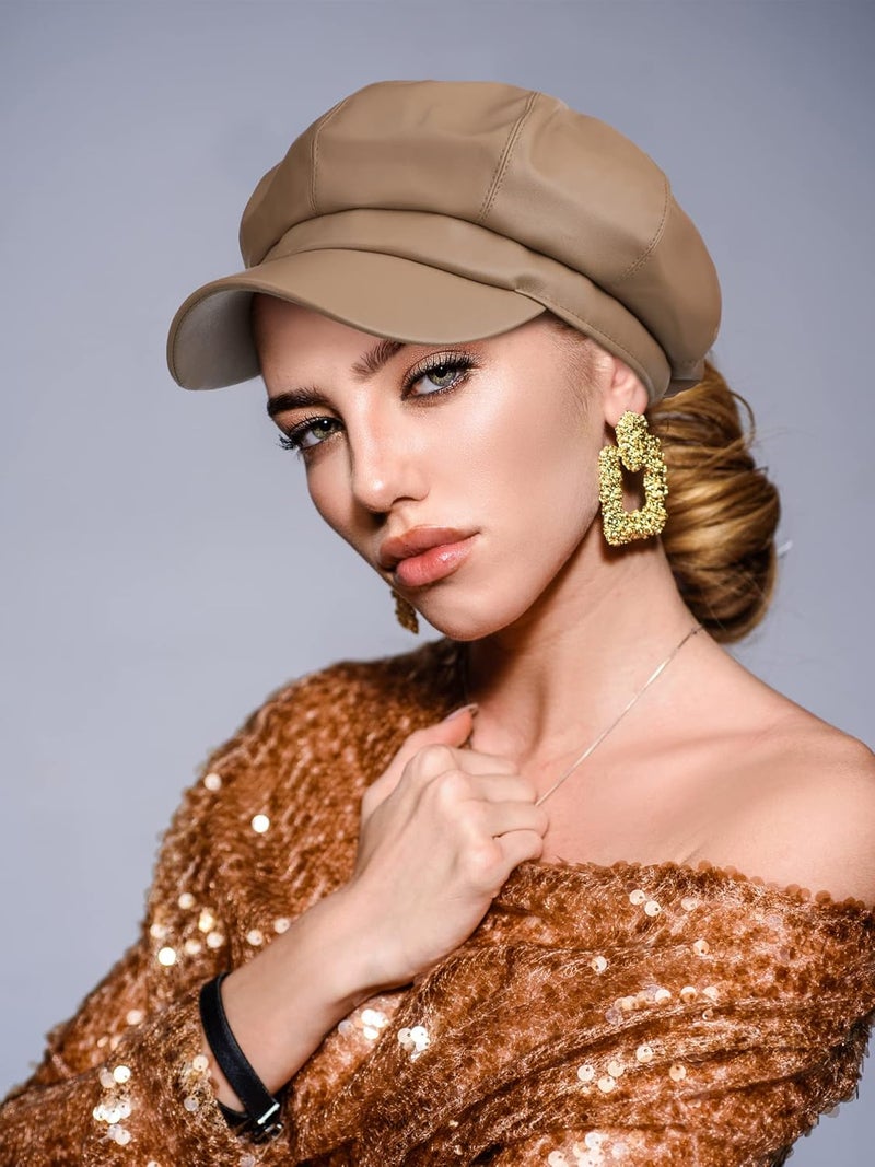 Funtery 3 Pcs Women Newsboy Hats PU Leather Visor Beret Cabbie Hat 8 Panel Vintage Women Fiddler Cap Faux Leather Baker Hat - Image 2